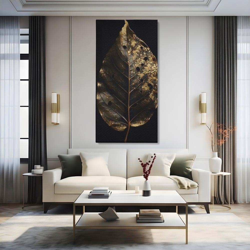 Tablou canvas cu tablou canvas cu frunza uscata, fara rama, pe sasiu de lemn, pe perete intr-un living